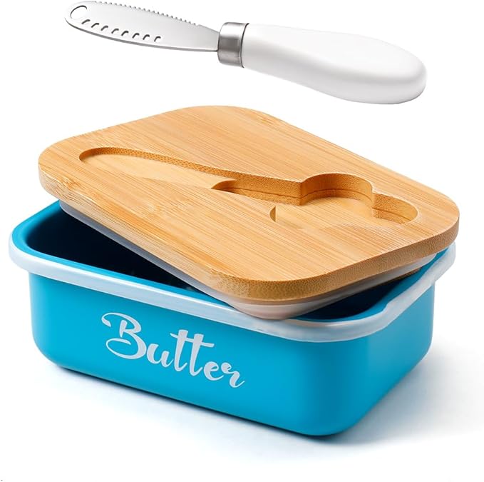 Butter Dish, Butter Dish with Lid for Countertop,Metal Butter Keeper with Stainless Steel Multipurpose Butter Knife, Large Butter Container with quality Silicone Good Kitchen Gift,Lake Bue