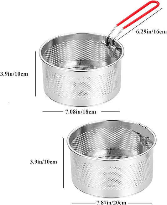 Pasta Strainer Set of 2, Stainless Steel Noodle strainer, 18cm with Removable Handle Metal Pasta Strainer Basket Deep Fryer Basket, Kitchen Colander for Washing Draining Deep-frying Boiling Steaming