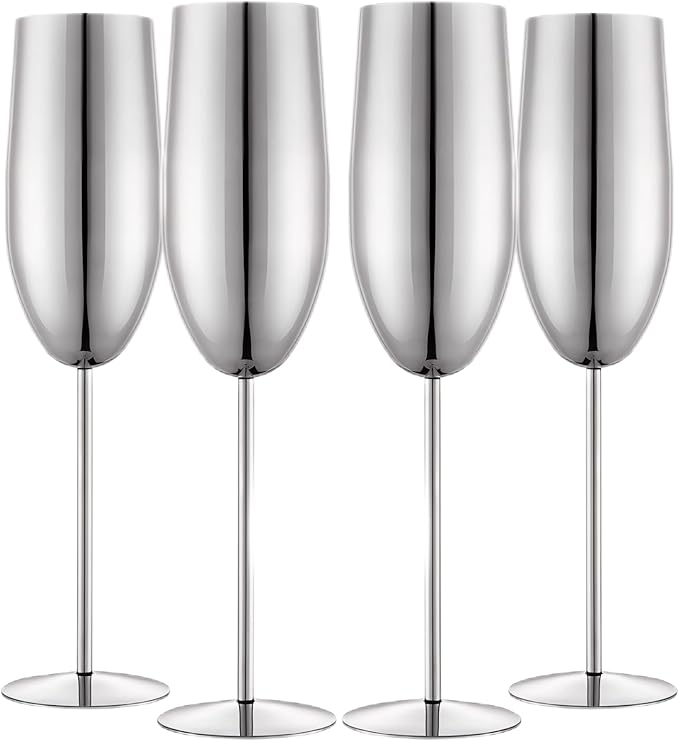 Stainless Steel Champagne Flutes Set of 4-Wedding &Birthday Gifts,8.5 Oz Unbreakable Champagne Glass with Long Stem,Reusable Indoor Outdoor Drinkware (Silver)