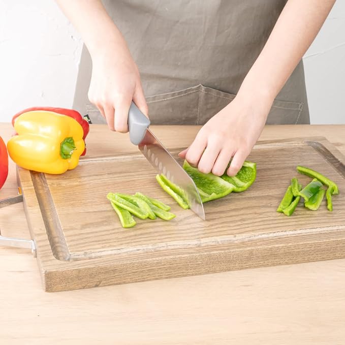 Restaurantware Comfy Grip 7 Inch Santoku Knife 1 Sharp Kitchen Knife - Ergonomic Handle Non-Slip Grip Gray Stainless Steel Japanese Chef Knife Dishwashable Granton Edge