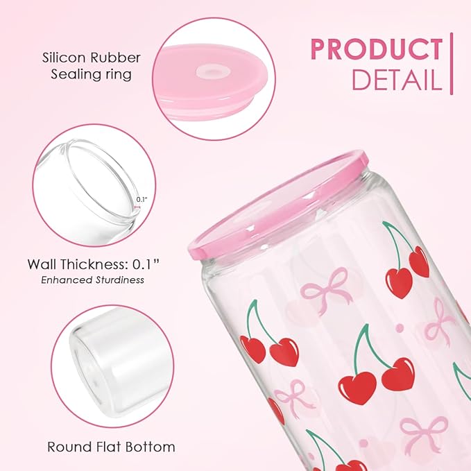 SANDJEST Cherry 16 Oz Can Glass Tumbler with Acrylic Lid and Straw - Iced Coffee Cups for Women, Aesthetic Glass Cup Gift for Birthday Christmas
