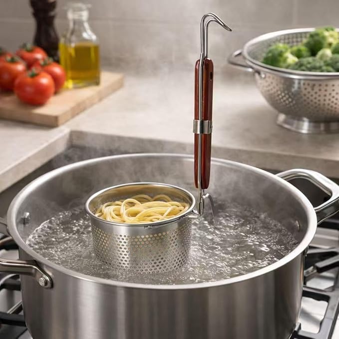 2 Pcs Stainless Steel Pasta Basket with Wood Handle Pasta Strainer Kitchen Mesh Spider Noodle Strainer Skimmer Food Dumpling Noodle Blanching Basket