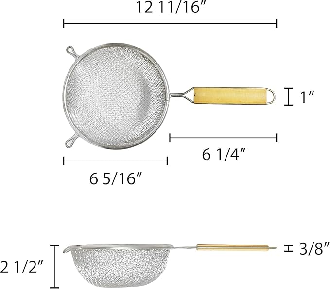 TrueCraftware- 6-Inch Double Medium Mesh Strainer Stainless Steel with 6-1/2" Handle Length Wooden Handle- Kitchen Utensil Food Strainer Skimmer Spoon for Cooking Sieve Sifters Pasta Fruits Vegetable