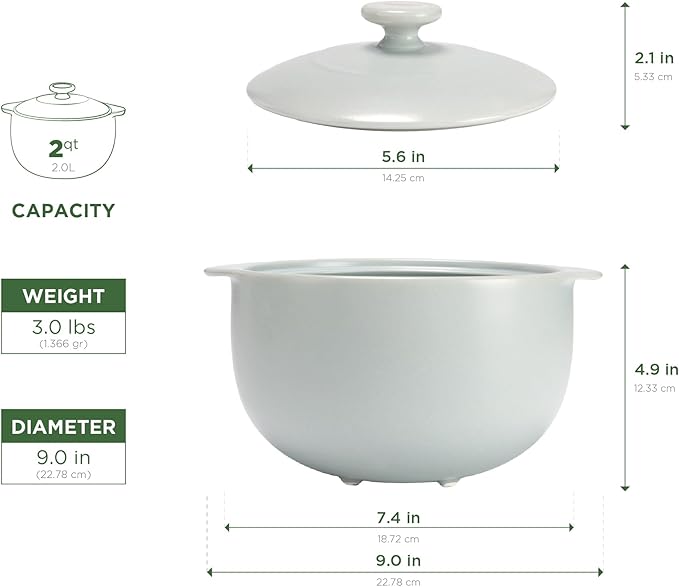 MINH LONG 2-Qt Porcelain Dutch Oven with Lid – Lead & Cadmium Free, Oven Safe to 482°F, Heat Retention, Clay Pot for Cooking on Gas & Infrared Cooktop, Use to Marinate, Cook, Bake, Refrigerate & Serve