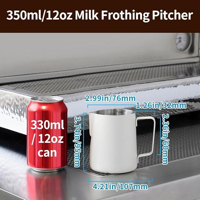watchget Stainless Steel Milk Frothing Pitcher 12oz/350ml - Espresso Steaming Pitcher for Cappuccino, Latte Art, Coffee Machine Accessories Milk Jug Coffee Frother Cup, Creamy White
