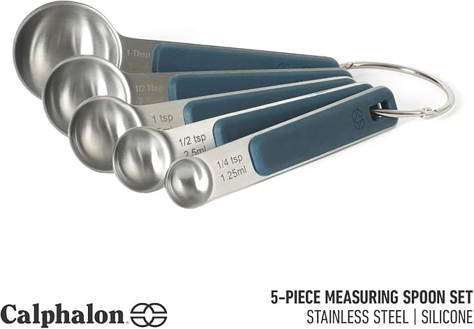 Calphalon Prime 5 Piece Stainless Steel Measuring Spoons W/Navy Blue Silicone Handles