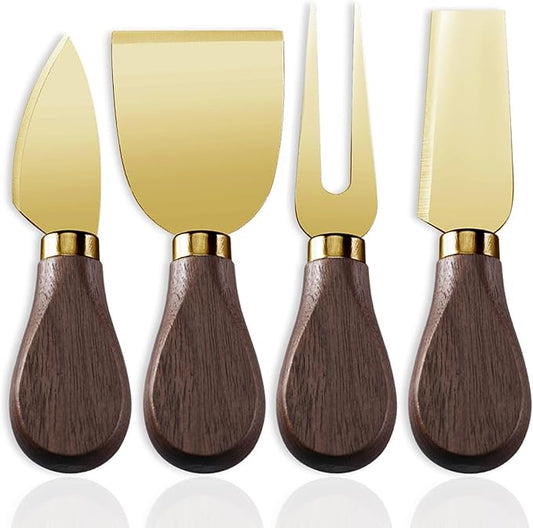 4-Piece Set of Stainless Steel Cheese Knives with Wood Hand, Including Cheese Slicer and Cheese Cutters, Essential Cheese Tools for the Kitchen (Walnut handle, Gold)