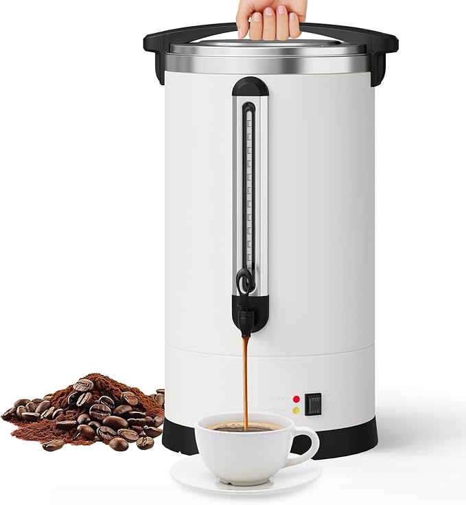120 Cup Coffee Urn, 18L/4.8 Gal Stainless Steel Commercial Coffee Maker, Double Wall Hot Beverage Dispenser with Auto Temp Control Faucet for Buffet, Catering, Wedding, Events, White