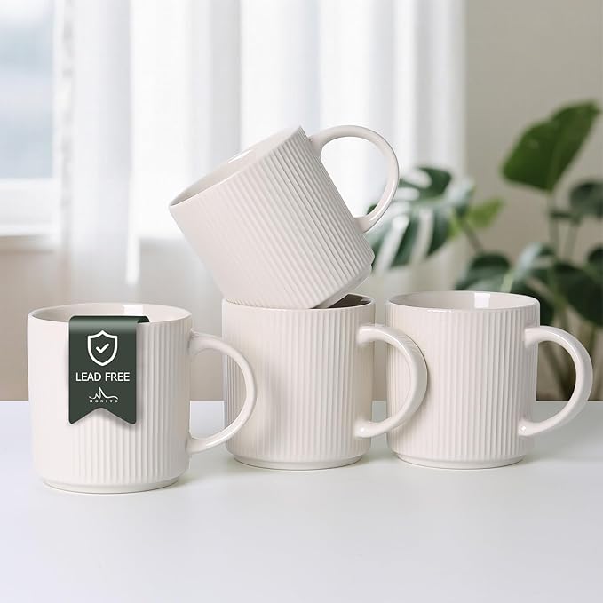 MONITO 16Oz Coffee Mugs Set of 4, Rustic Ceramic Coffee Cups Set with Large Handle, Vintage Striped Stoneware Coffee Mugs for Latte, Cocoa, Tea, Milk, Microwave & Dishwasher Safe, White