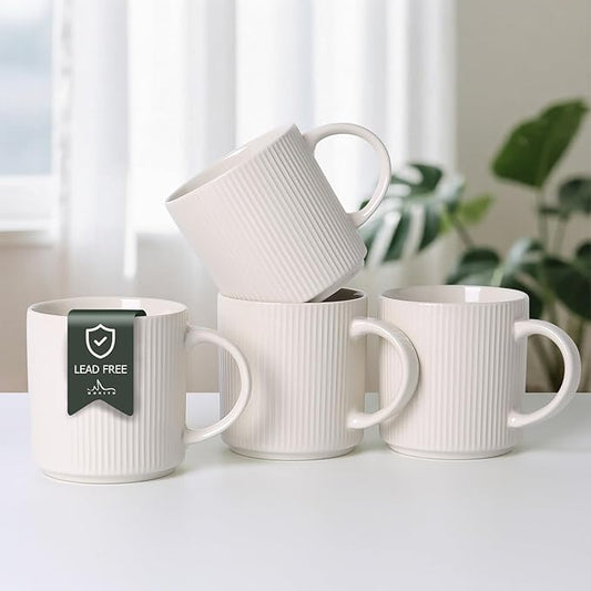 MONITO 16Oz Coffee Mugs Set of 4, Rustic Ceramic Coffee Cups Set with Large Handle, Vintage Striped Stoneware Coffee Mugs for Latte, Cocoa, Tea, Milk, Microwave & Dishwasher Safe, White