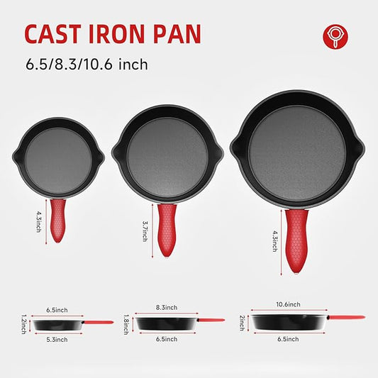 Cast Iron Skillet 3 piece set, cookware set 6, 8, 10 Inches, for frying, saute, &more, easy use in the oven, stove, grill, or campfire, black, with silicone heat-resistant cover