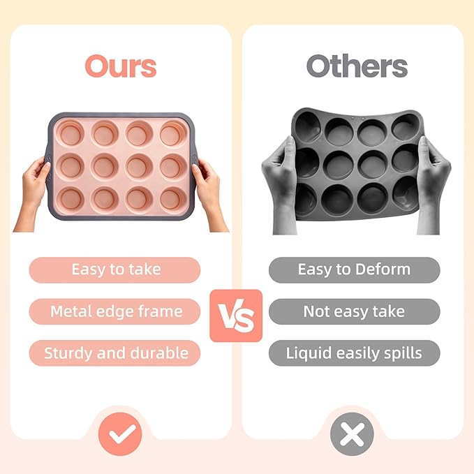 BHNJUTM 2 Pack Silicone Muffin Pan for Baking - Premium Nonstick Muffin Tin with Metal Reinforced Frame, Easy to Clean Silicone Cupcake Molds, Dishwasher & Oven Safe BPA Free(pink)