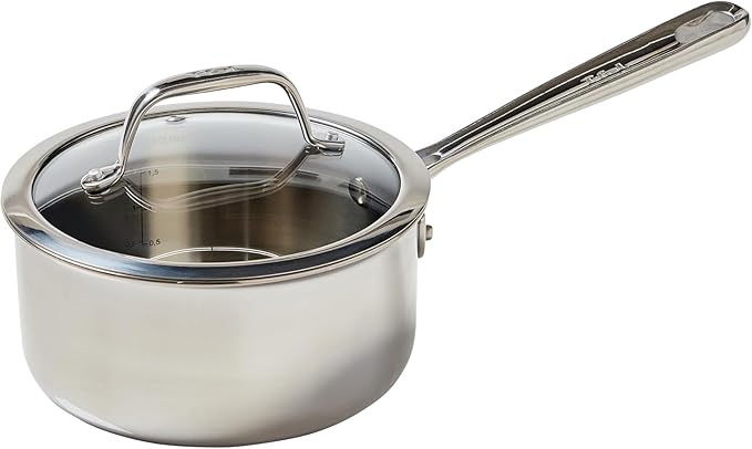 T-Fal Pro Tri-Ply Stainless Steel Sauce Pan with Lid, 2 Quart Saucepan with Lid, Induction Pot, Oven Safe 500F, Lid-350F, Fast & Even Heat, Professional Quality & Durability, Silver