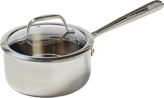T-Fal Pro Tri-Ply Stainless Steel Sauce Pan with Lid, 2 Quart Saucepan with Lid, Induction Pot, Oven Safe 500F, Lid-350F, Fast & Even Heat, Professional Quality & Durability, Silver