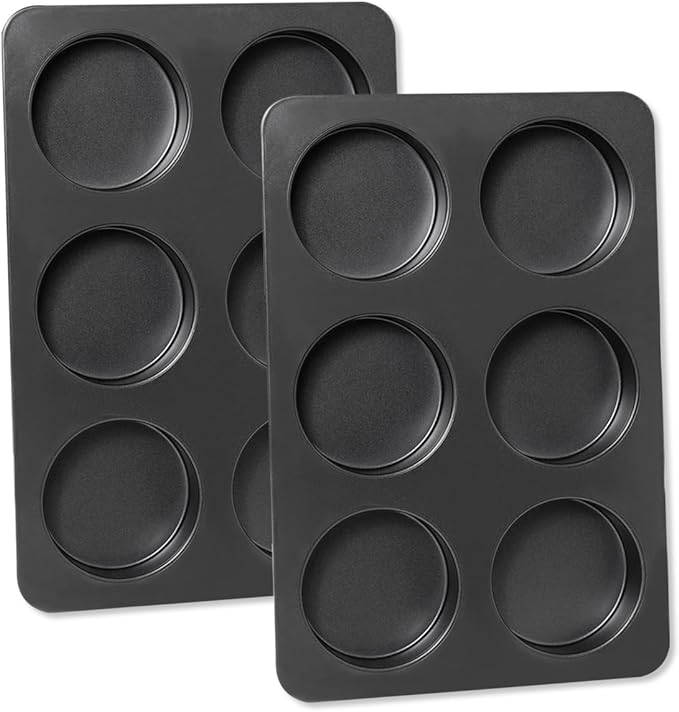 Elesinsoz 2 Pcs English Muffin Pans, 3.6 Inch Non-Stick 6 Cup Straight Side Cupcake Pan, Hamburger Bun Pan for Baking Muffin Egg Sandwich Frittata Cinnamon Roll (Lid NOT Included)