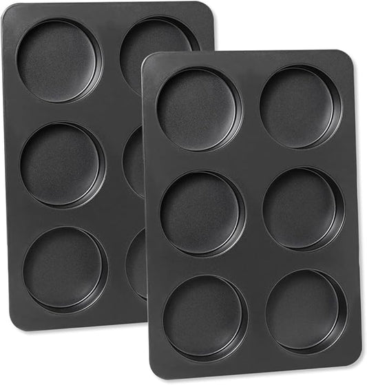 Elesinsoz 2 Pcs English Muffin Pans, 3.6 Inch Non-Stick 6 Cup Straight Side Cupcake Pan, Hamburger Bun Pan for Baking Muffin Egg Sandwich Frittata Cinnamon Roll (Lid NOT Included)