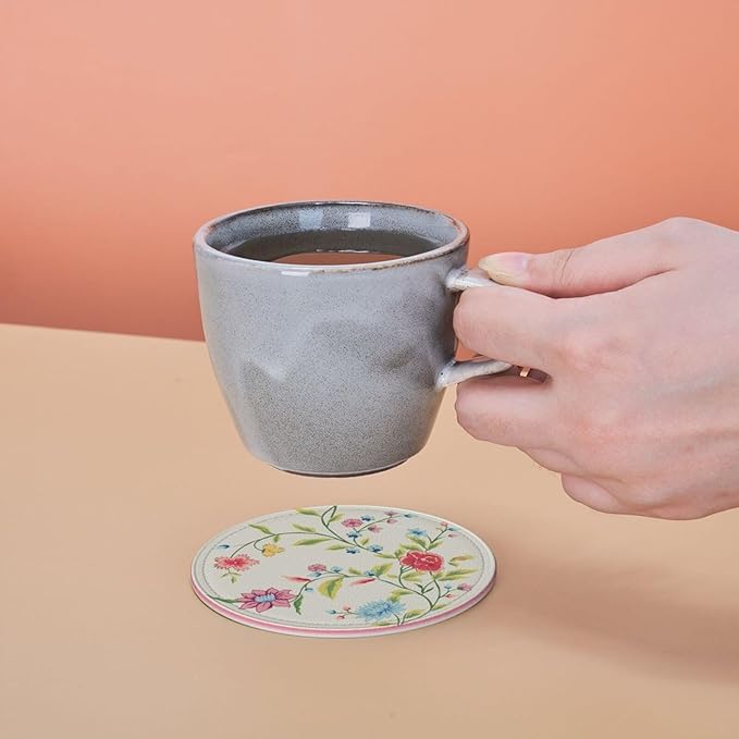 Spring Floral Leather Drink Coasters Set of 6 with Holder Round Cup Coaster for Table Decor