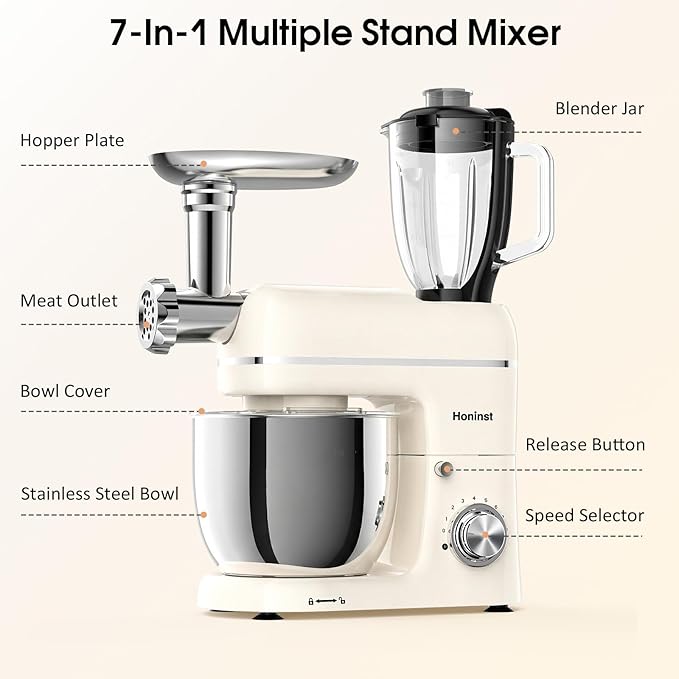 Honinst Stand Mixer, 7-IN-1 6.5QT 660W Multifunctional Electric Kitchen Mixers with Blender, Meat Grinder, Dough Hook, Whisk and Beater, 8-Speed Food Mixer for Baking, Cooking, Food Processing, Beige