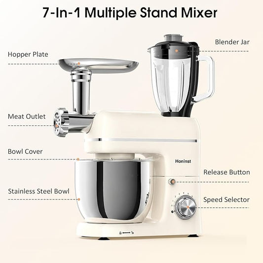 Honinst Stand Mixer, 7-IN-1 6.5QT 660W Multifunctional Electric Kitchen Mixers with Blender, Meat Grinder, Dough Hook, Whisk and Beater, 8-Speed Food Mixer for Baking, Cooking, Food Processing, Beige