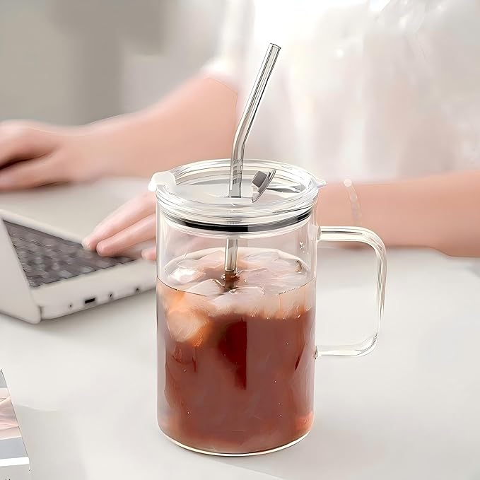 33.81 OZ Large Capacity Cold Drink Glass cup, Mug with Handle,Lid and Straw,for Coffee,Ice Tea, Beer,Water,Other Hot And Cold Drinks,-68°F to 300°F,Wide Mouth, Easy Clean,Tumbler Reusable for Gifts