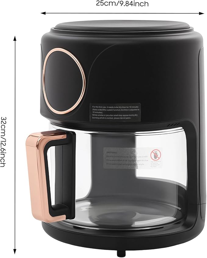 4.4 Qt Air Fryer 1200W Glass Air Fryer, 8-in-1 Functions, 360° Viewable, Digital Display, Adjustable Temperature 176°F to 392°F, 60-Minute Timer, Dishwasher Safe, Nonstick Basket (Black)