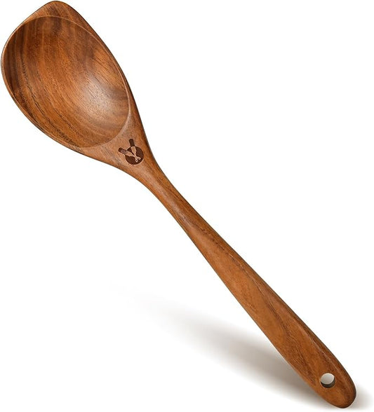 Wooden Spoons for Cooking, Natural Premium Teak Wood Corner Spoon, Good Grip Large Wooden Spoons and Wooden Spatula, Heat Resistant Wooden Cooking Utensils for Nonstick Cookware Cooking Gifts
