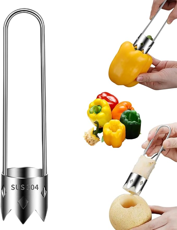 Red Bell Pepper Corer Seed Remover Tool- Pepper, Pineapple, Pear,Apple Corer - 304 Stainless Steel, Rust Resistant, Designed for a Wide Range of Fruits and Vegetables Corer