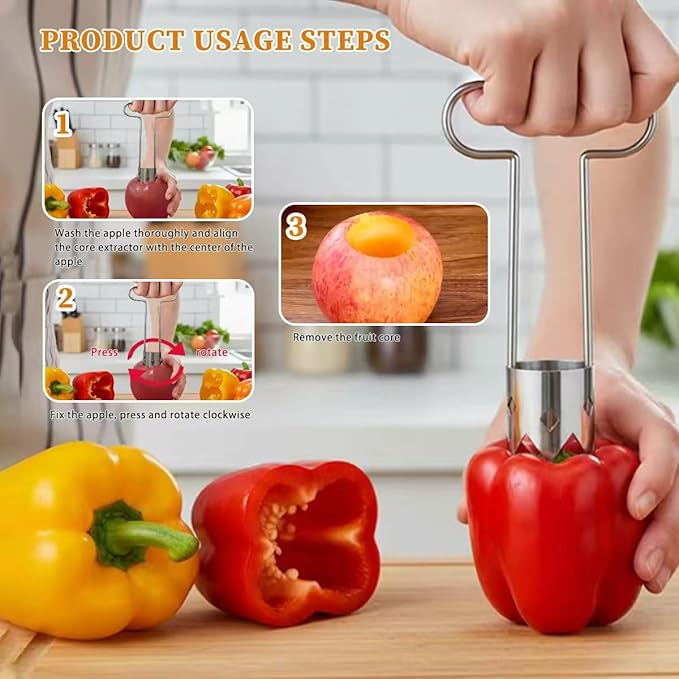 Red Bell Pepper Corer with T Handle, Stainless Steel Seed Remover for Bell Peppers Chili, Easy Vegetable Coring Tool for Kitchen Prep