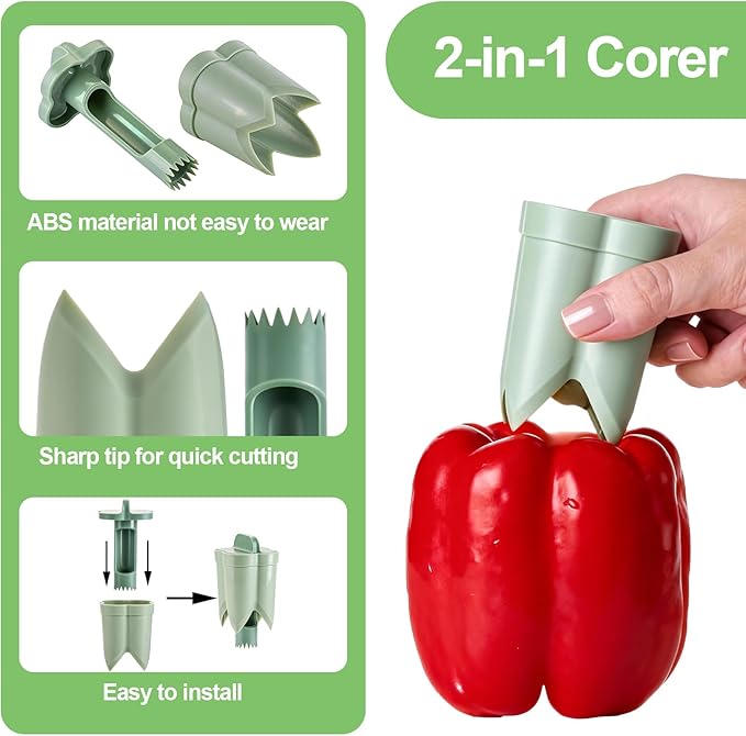 Pepper Corer,Chili Seed Remover Tool,Durable ABS Kitchen Gadget for Bell & Chili Peppers, 2-in-1 Design, Easy Twist Use, Ideal for Home Cooking, Camping(Green)