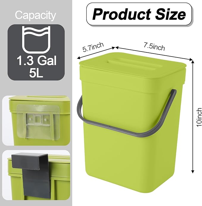 Compost Bin Kitchen, for use on Countertops or Under Sinks, Hanging Trash Can with Lid, for Cupboard/Bathroom/Bedroom/Office/Camping, Mountable Indoor Compost Bucket(Green 1.3 Gallon/5L)
