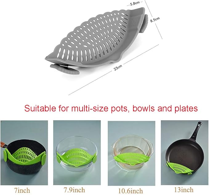 Snap Strainer, Clip on Strainer for Pots Pans, Hands-free Clip-on Heat Resistant Silicone Colander Pour Spout for Pasta Vegetable Noodles, Colander and Sieve Snaps On Pots Bowls Pans