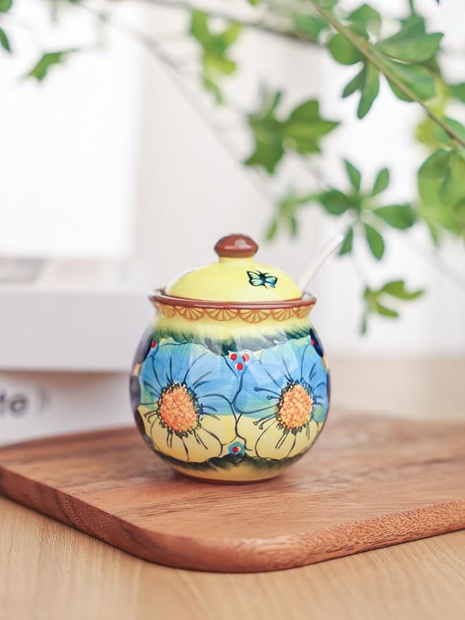 silesia Handmade Sugar Bowl with Lid and Spoon, 8 oz Hand-Painted Ceramic Sugar Jar, Floral Design Seasoning Container for sugar, honey, or spices, Dishwasher Safe (Glazed Yellow)