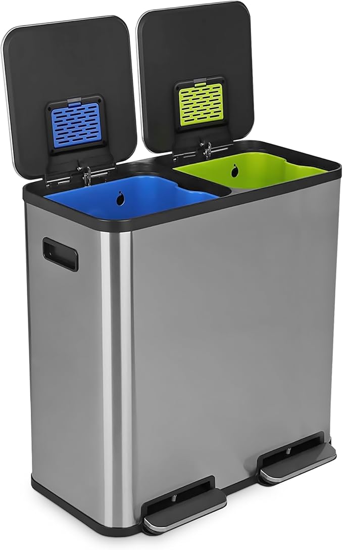 Simpli-Magic 80 Liter / 21 Gallon Rectangular Hands-Free Dual Compartment Recycling Kitchen Step Trash Can with Soft-Close Single Lid, Stainless Steel (40L x 40 L Capacity) Stainless Steel Finish