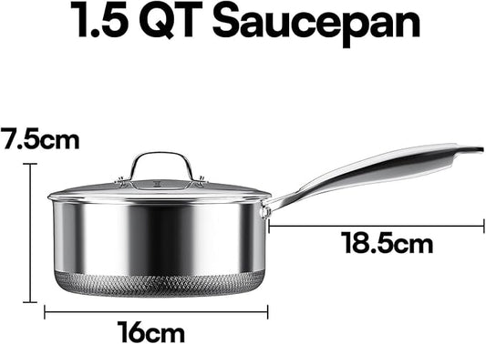 Stainless Steel Sauce pan with Lid, KURRUNGIE 1.5 QT Saucepan with Lid, PFOA Free 6.3-inch 5-Ply Stainless Steel Pans for Cooking, Induction Cookware Oven and Dishwasher Safe