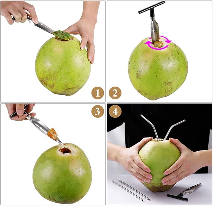 Coconut Opener Tools, Set of Stainless Steel Coconut Puncher with Straws, Brush, Coconut Meat Remover with Wood Handle, For Green & Young Coconut