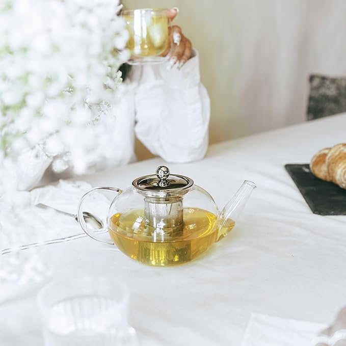 GROSCHE - Joliette Borosilicate Glass Teapot with Stainless Steel Infuser - 5 Cup Glass Teapot with Removable Strainer for Loose Leaf & Herbal Tea, Dishwasher Safe, 42 oz