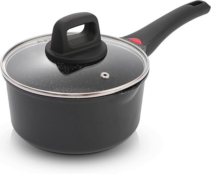 1.3 Quart Sauce Pan with Glass Lid - 6.2 Inch, Non-Stick Ceramic Coating, Induction Compatible, Even Heating - Easy Clean, Non-Toxic, Soft Cool Handle by Cainfy