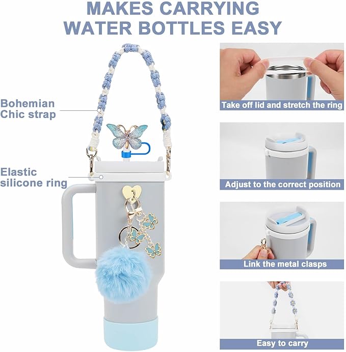 Accessories Set Including Water Bottle Handle Strap, Silicone Boot, Resin Butterfly Straw Cover, Straw Topper, Lip Balm Sleeve, Butterfly & Hairball Charms for Stanley Cup Tumbler