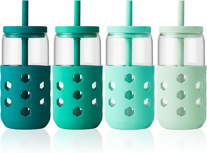 Glass Cups with Lids and Straws (4 Pack), 16oz Drinking Glasses Set with Silicone Sleeves for Coffee Bar Accessories Iced Coffee Cups with Lids, Glass Tumbler Reusable for Gifts