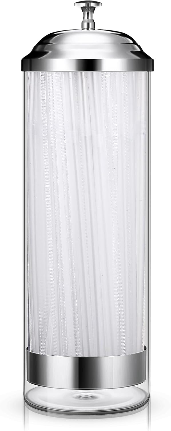 Patelai 10.6 Inch Clear Plastic Straw Dispenser and 100 Pcs Drinking Straw Organizer Container with Stainless Steel Lid Transparent Drinking Holder(Classic,Transparent)
