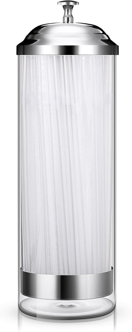 Patelai 10.6 Inch Clear Plastic Straw Dispenser and 100 Pcs Drinking Straw Organizer Container with Stainless Steel Lid Transparent Drinking Holder(Classic,Transparent)