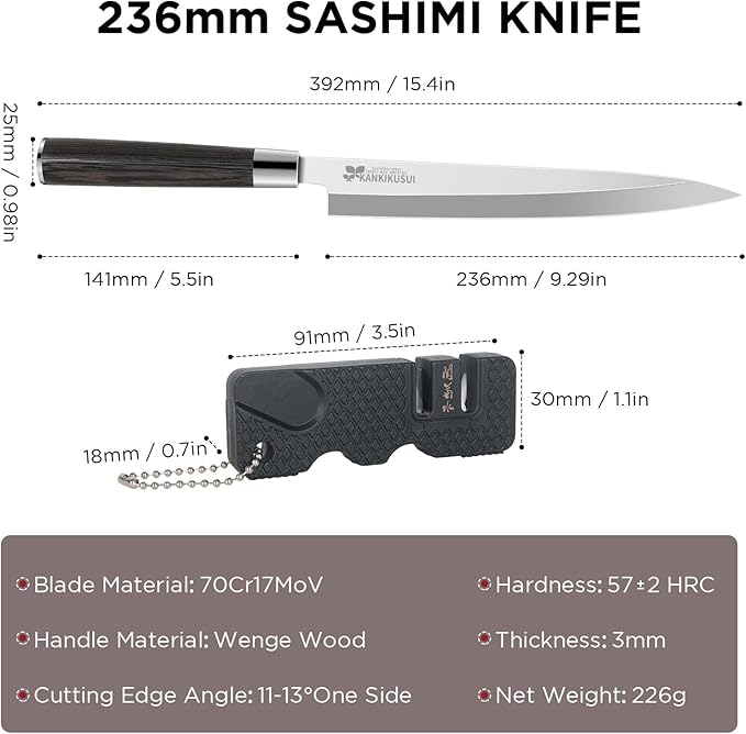 KANKIKUSUI Sashimi Knife, 9.3" Sushi Knife Set with Sharpener/Gift Box, HC70cr17mov Yanagiba Knife