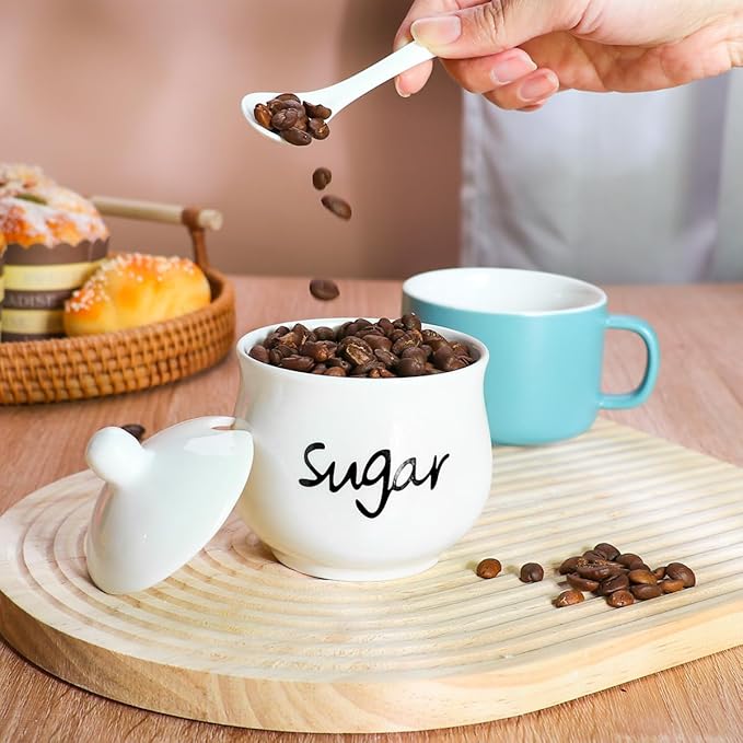 Ceramic Sugar Bowl with Lid and Spoon,Porcelain Sugar Jar Sugar Dispenser,White Sugar Container for Coffee Bar Home and Kitchen Decor 7 Ounces