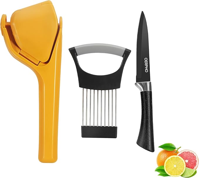 Lemon Squeezer, Lemon Juicer, Flat Lime Squeezer Manual, Hand Juicer Press, Lemons Slicer and Paring Knife, Easy to Use Fruit Citrus Press for Lemons, Citrus, Lime, Orange (Yellow)