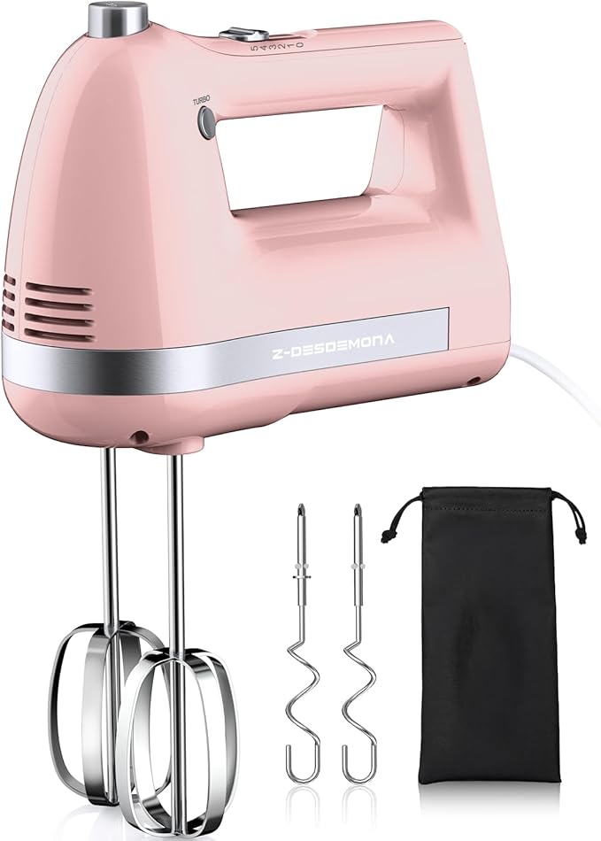 Z-DESDEMONA Electric Hand Mixer, Powerful 300W Hand Mixer Electric Handheld with 304 Beaters, Dough Hook,Hand Held Mixer with Turbo for Baking Cakes, Eggs, Cream Food(Pink)