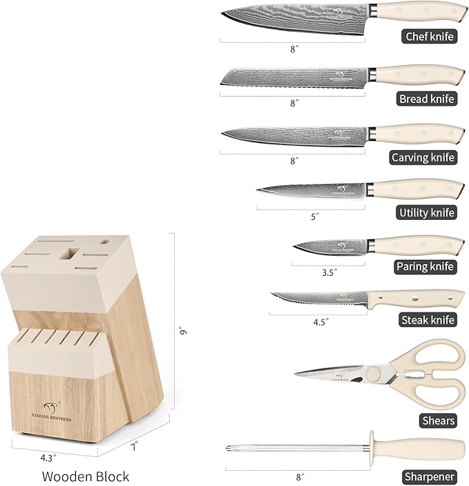 NANFANG BROTHERS Damascus Kitchen Knife Set 14 Pieces with Shears & Sharpener - VG10 High Carbon Steel, ABS Ergonomic Handle, Wooden Block Storage White