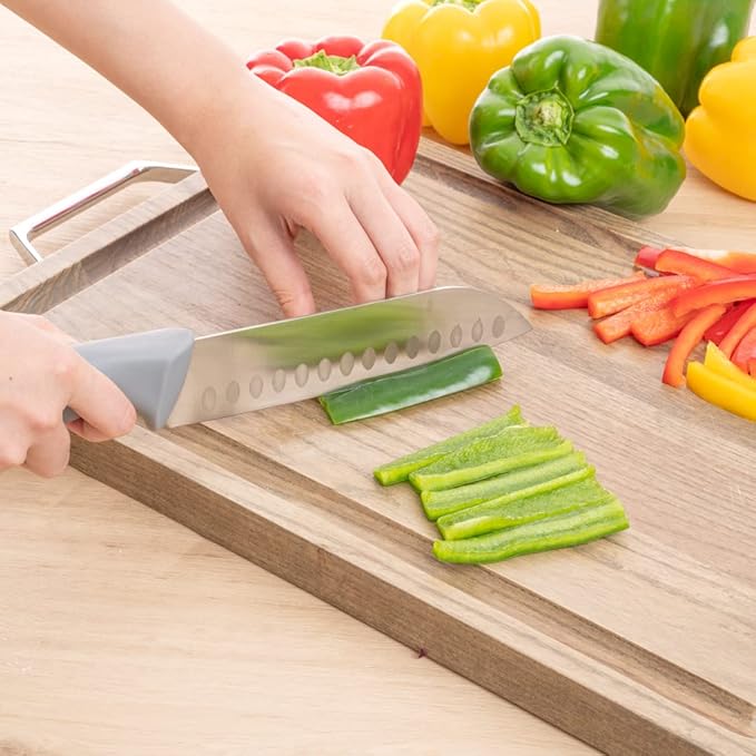 Restaurantware Comfy Grip 7 Inch Santoku Knife 1 Sharp Kitchen Knife - Ergonomic Handle Non-Slip Grip Gray Stainless Steel Japanese Chef Knife Dishwashable Granton Edge