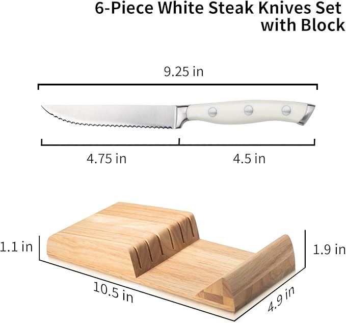Alata 6-Piece White Steak Knives Set with Block, Stainless Steel Steak Knife set with Serrated Edge, Razor-Sharp, Full-Tang Construction
