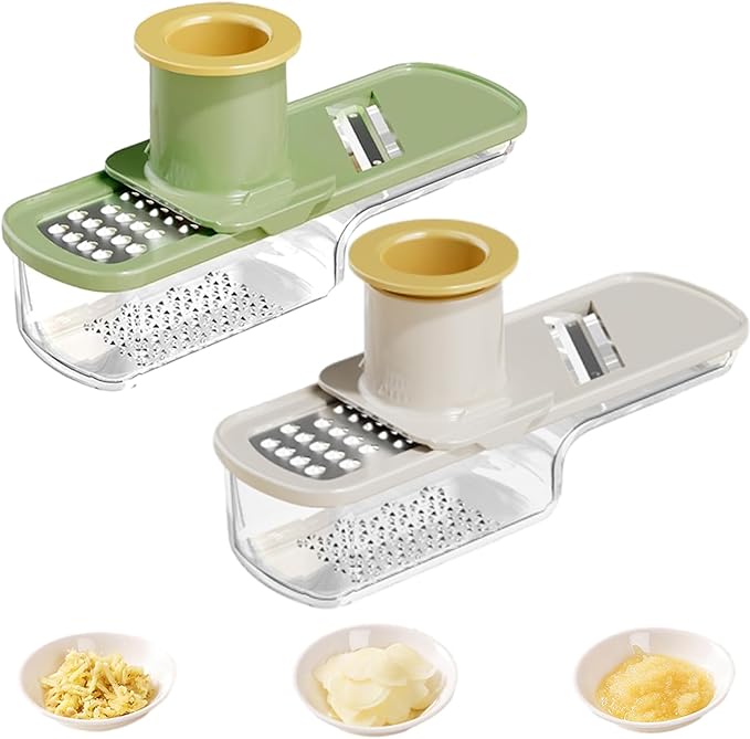 Multifunctional Garlic Grinder & Mandoline Slicer, 3-in-1 Mini Safe Garlic Slicer & Mandoline Slicer, Vegetable and Cheese Shredder, Stainless Steel Mandoline Cutter with Container (Beige+Green)