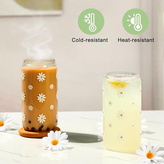 Cute Glass Matcha Cup with Lids and Straws, Teen Girl Birthday Gifts Daisy Iced Coffee Cups, Sage Green Aesthetic Mug Tumbler for Mothers Day Christmas Valentines Coffee Lover 16oz